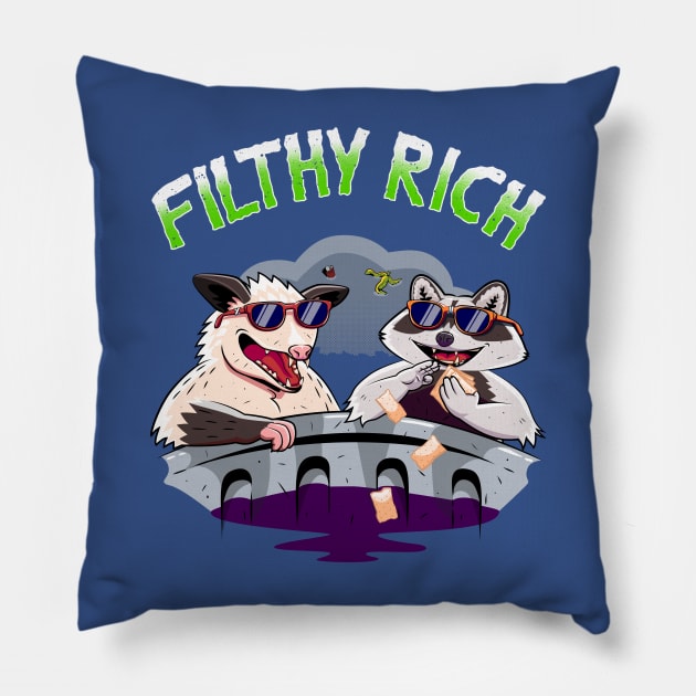 Funny Raccoon And Possum In Trash Garbage Filthy Rich Pillow by CrocoWulfo