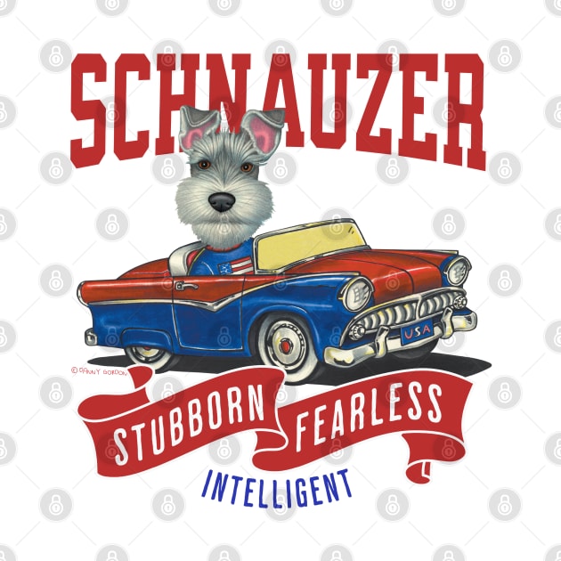 Humor funny cute schnauzer dog driving a classic retro vintage car with red white and blue flags by Danny Gordon Art