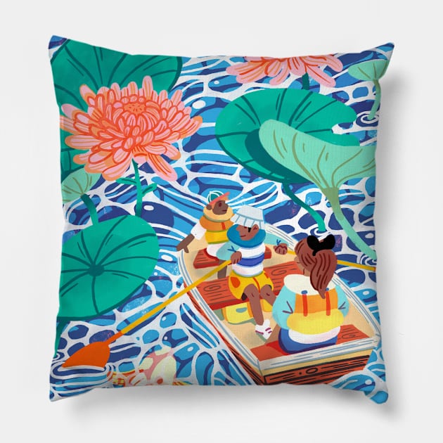 Boating through the water lilies Pillow by frankielong@hotmail.co.uk