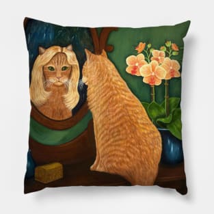 Ginger Cat Looking in Mirror with Blonde Wig Pillow