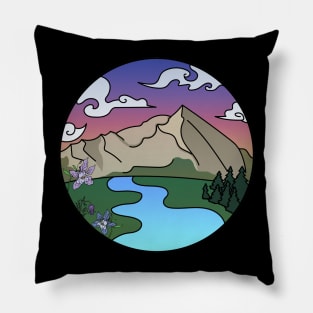 Mount Gunnison, Colorado sunset and river valley with state flower columbine and sugarbowl wildflowers Pillow