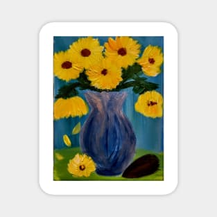 sunflowers in a glass blue vase in vintage style Magnet