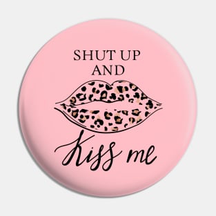 Fashion print with slogan. Kiss with leopard lipstick. Stylish woman lips. Pin