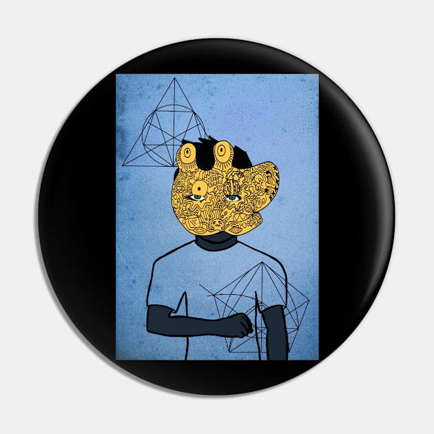 Davinci Dreamer - Male Character with Doodle Mask and Green Eyes Pin by Hashed Art