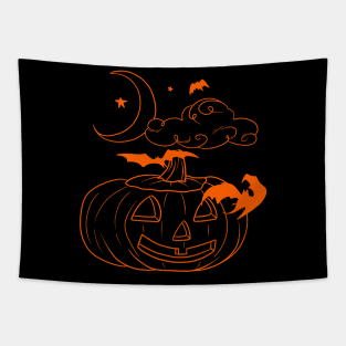 Pumpkin Moon Stars and Bats Orange Line Design Tapestry