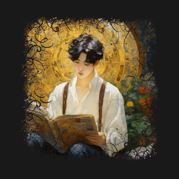 Vintage Style Dark Academia Teen Boy Reading by Sandy Richter Art & Designs