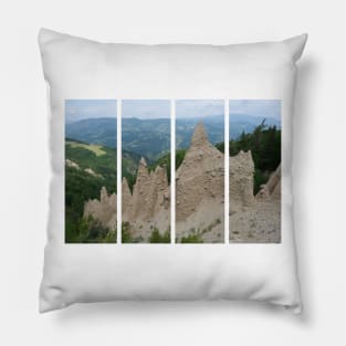 The incredible earth pyramids of Collepietra (Piramidi di Terra) in the Dolomites. Striking place. Italian Alps. Sunny spring day with no people. Valley in the background. Trentino Alto Adige. Pillow