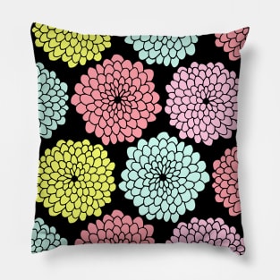 Pastel Flowers Print on Black Background Pillow