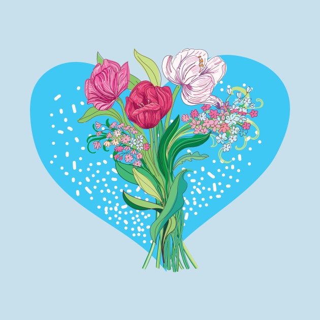 Spring flowers and tulips in blue heart shape by IngaDesign