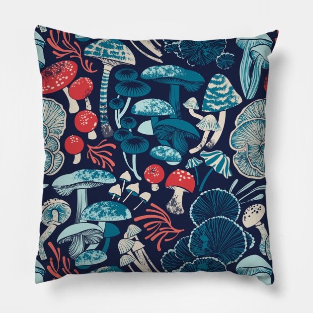 Mystical fungi // midnight blue background aqua teal coral and red wild mushrooms Pillow by SelmaCardoso