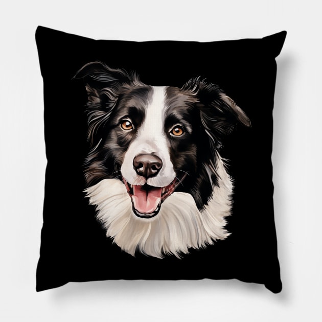 Border Collie Watercolor Portrait Pillow by AI Art Originals