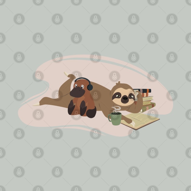 Odd friends - Sloth reading a book and platypus listening to music by LittleAna