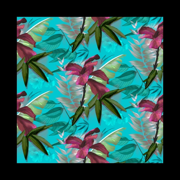 Exotic Tropical plants pattern botanical illustration,botanical pattern, tropical plants, pink turquoise leaves pattern over a by Zeinab taha