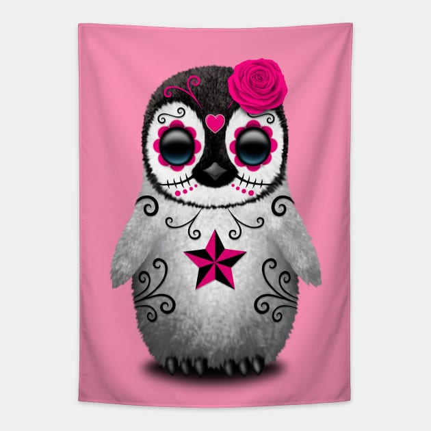 Pink Day of the Dead Sugar Skull Penguin Tapestry by jeffbartels