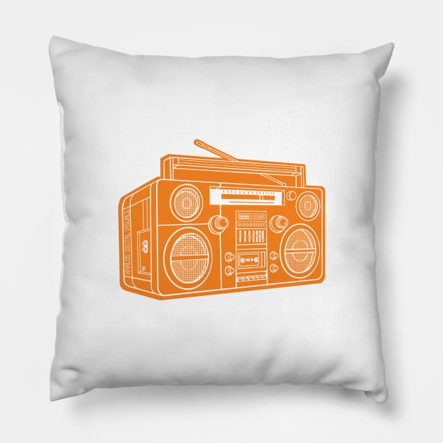 Boombox (White Lines + Princeton Orange Drop Shadow) Analog / Music Pillow by Analog Digital Visuals