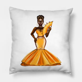 Black Empress -  Black Afro Princess in yellow with fan! beautiful black girl with Afro hair, brown eyes and dark brown skin. Hair love ! Pillow