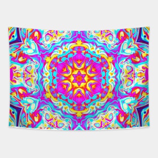 Psychedelic Mandala Flower Blue Pink and Yellow Tapestry