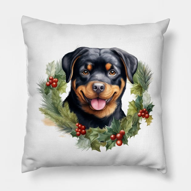 Christmas Rottweiler Dog Wreath Pillow by Chromatic Fusion Studio