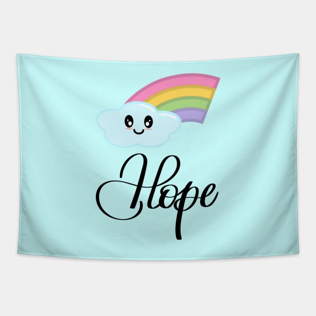 Hope with Kawaii Cute Rainbow Cloud in Blue Tapestry by Kelly Gigi