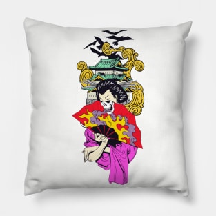 Geisha With Fan Over Pagoda Pillow