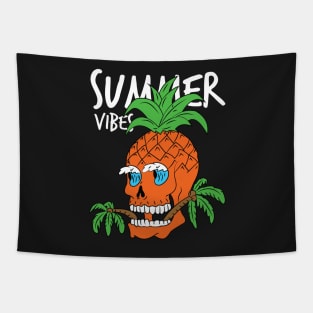 Funny skull pineapple with palm trees Tapestry