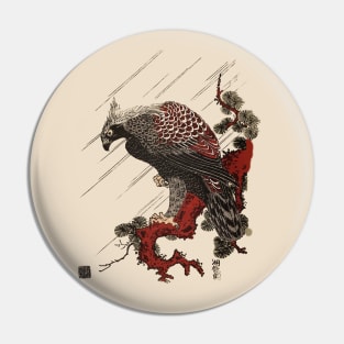 EAGLE ON THE PINE BRANCH IN THE RAIN Antique Japanese Woodcut Pin