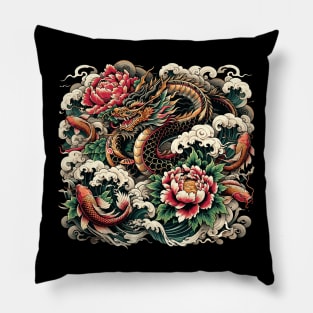 Dragon and Koi - Harmony of Strength and Prosperity Pillow