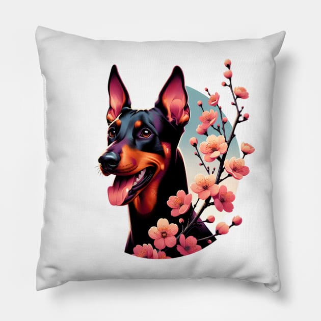 Joyful German Pinscher with Spring Cherry Blossoms Pillow by ArtRUs