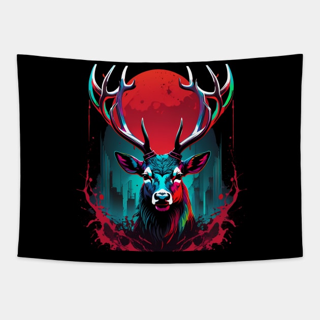 stag face bloodmoon Tapestry by TaevasDesign