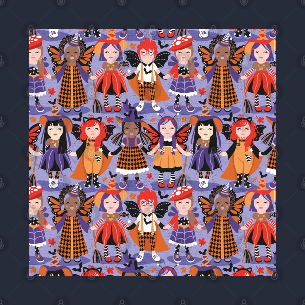 Witches dance // pattern // lilac background red orange and purple halloween fantasy costumes by SelmaCardoso