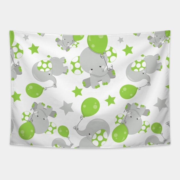 Pattern Of Elephants, Cute Elephants - Green Gray Tapestry by Jelena Dunčević