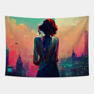 Woman stares out over the city at night - dreaming. Tapestry