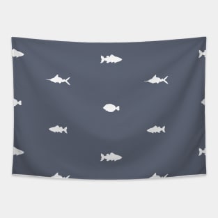 Blue white fish hand drawn silhouette pattern Tapestry