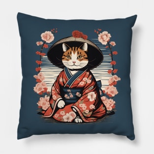 Japanese woodblock cat wearing kimono Pillow