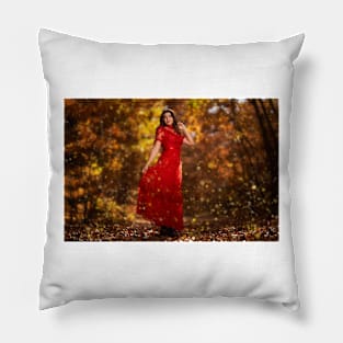 Woman in red dress in the oak forest, full body Pillow