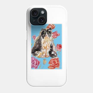 Tuxedo Cat Watercolor Painting and Roses on Light Blue Phone Case