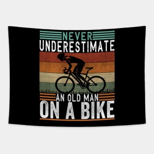 Never Underestimate An Old Guy On A Bicycle Funny Cycling Tapestry