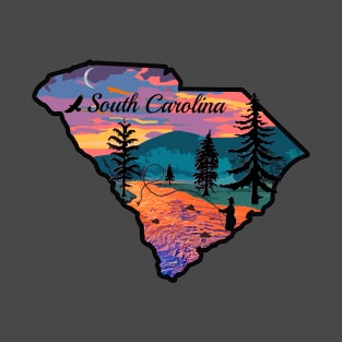 Fly Fishing South Carolina State Map Mountain Sunset River Retro T-Shirt