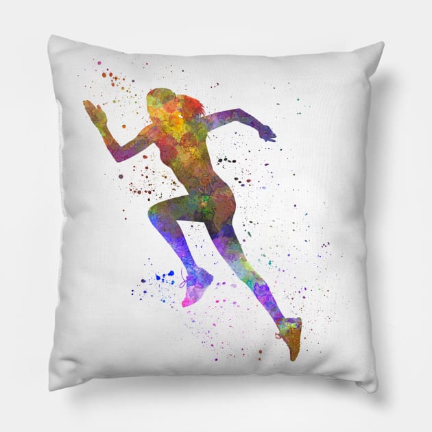 Woman runner running jumping Pillow by PaulrommerArt