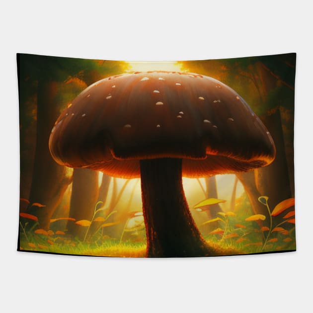 Closeup of Fantasy Mushroom on the Forest Floor - Brown Spotted Fungi Sticker Tapestry by CursedContent