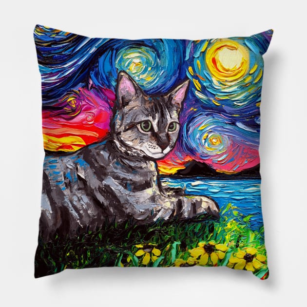 Tabby Tiger Cat Starry Night Pillow by sagittariusgallery