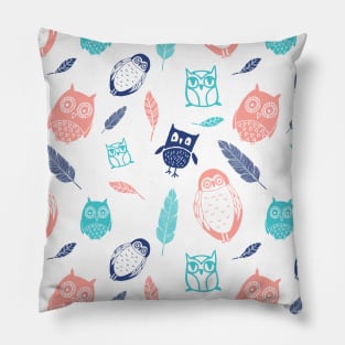 Coral Blue White Owl Pattern Pillow