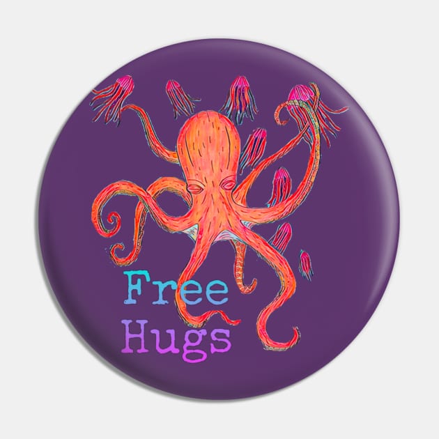 Octopus with Jellyfish, Free Hugs Pin by LuvbuzzArt