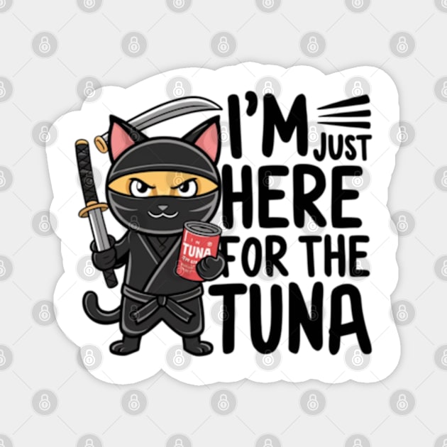 One design features a sneaky ninja cat with a katana in one hand and a can of tuna in the other. (6) Magnet by YolandaRoberts