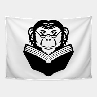 Chimpanzee Chimp Monkey Primate or Ape Wearing Glasses Reading Book Mascot Black and White Tapestry