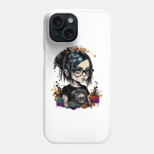 Cartoon little girl with glasses in gothic style at school Phone Case