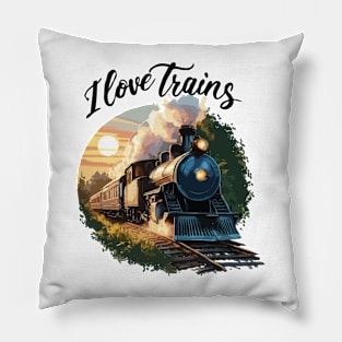 I Love Trains, Retro Train Sunset Pillow