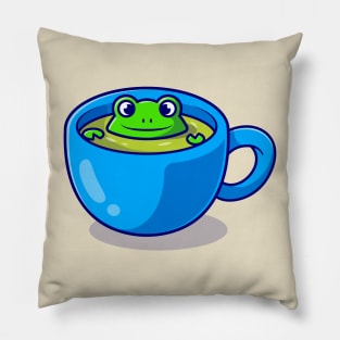 Cute Frog In Green Tea Cup Cartoon Pillow