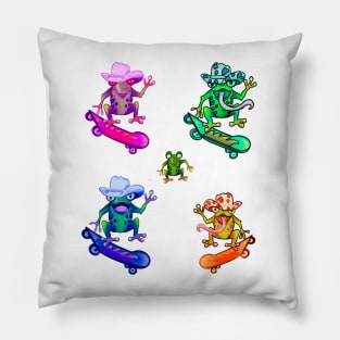 Frog 5 pack Kawaii Froggy Skateboarding Cute Frog pack of 5 in Texas cowboy hat Funny toad toads amphibian tadpole Green Red eyed tree frogs rain forest Lizard dragon zoology gift frog Pillow