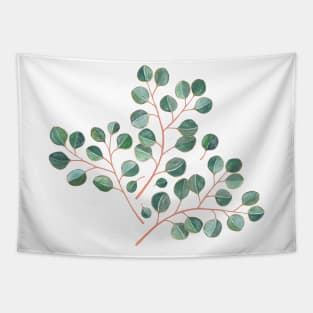 Simple Silver Dollar Eucalyptus Leaves on White Tapestry